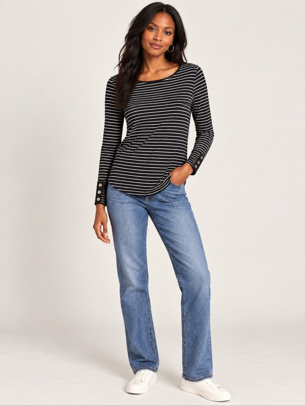❤️ WHITE HOUSE BLACK MARKET STRIPED LONG SLEEVE TOP W/ BUTTON CUFF DETAIL, XS
